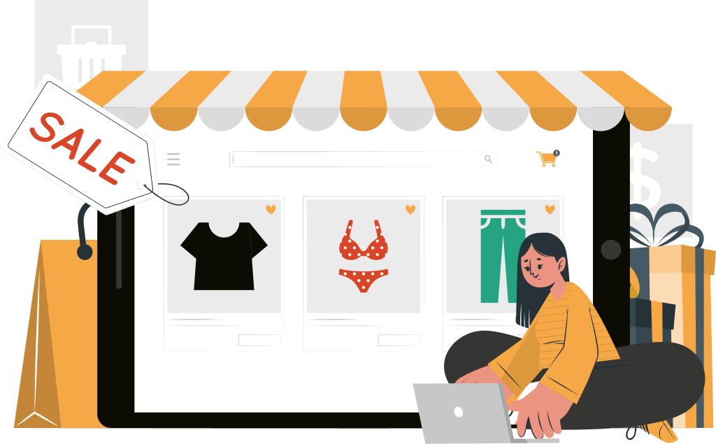 graphic showing a store and a girl sitting and looking at laptop